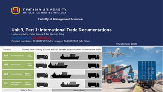 9 September 2019
Faculty of Management Sciences
Unit 3, Part 1: International Trade Documentations
Lecturers: Mrs. Ester Jesaya & Mr Jacinto Silva
Ekalipi@nust.na; jsilva@nust.na
Contact numbers: 0612072597 (Mrs. Jesaya); 0612072042 (Mr. Silva)
 