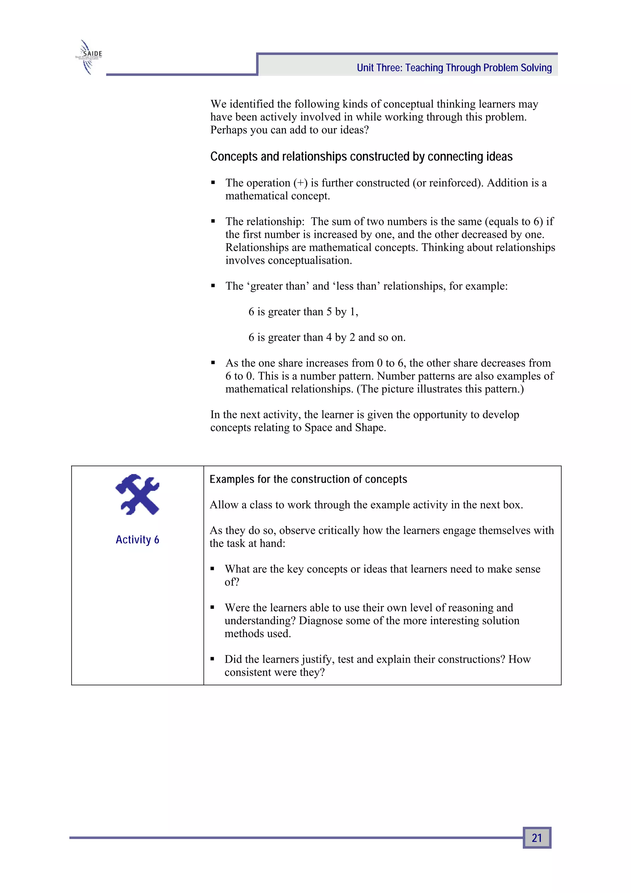 Unit Three: Teaching Through Problem Solving


             We identified the following kinds of conceptual thinking learners may
             have been actively involved in while working through this problem.
             Perhaps you can add to our ideas?

             Concepts and relationships constructed by connecting ideas

                The operation (+) is further constructed (or reinforced). Addition is a
                mathematical concept.

                The relationship: The sum of two numbers is the same (equals to 6) if
                the first number is increased by one, and the other decreased by one.
                Relationships are mathematical concepts. Thinking about relationships
                involves conceptualisation.

                The ‘greater than’ and ‘less than’ relationships, for example:

                     6 is greater than 5 by 1,

                     6 is greater than 4 by 2 and so on.

                As the one share increases from 0 to 6, the other share decreases from
                6 to 0. This is a number pattern. Number patterns are also examples of
                mathematical relationships. (The picture illustrates this pattern.)

             In the next activity, the learner is given the opportunity to develop
             concepts relating to Space and Shape.



             Examples for the construction of concepts

             Allow a class to work through the example activity in the next box.

             As they do so, observe critically how the learners engage themselves with
Activity 6   the task at hand:

                What are the key concepts or ideas that learners need to make sense
                of?

                Were the learners able to use their own level of reasoning and
                understanding? Diagnose some of the more interesting solution
                methods used.

                Did the learners justify, test and explain their constructions? How
                consistent were they?




                                                                                      21
 