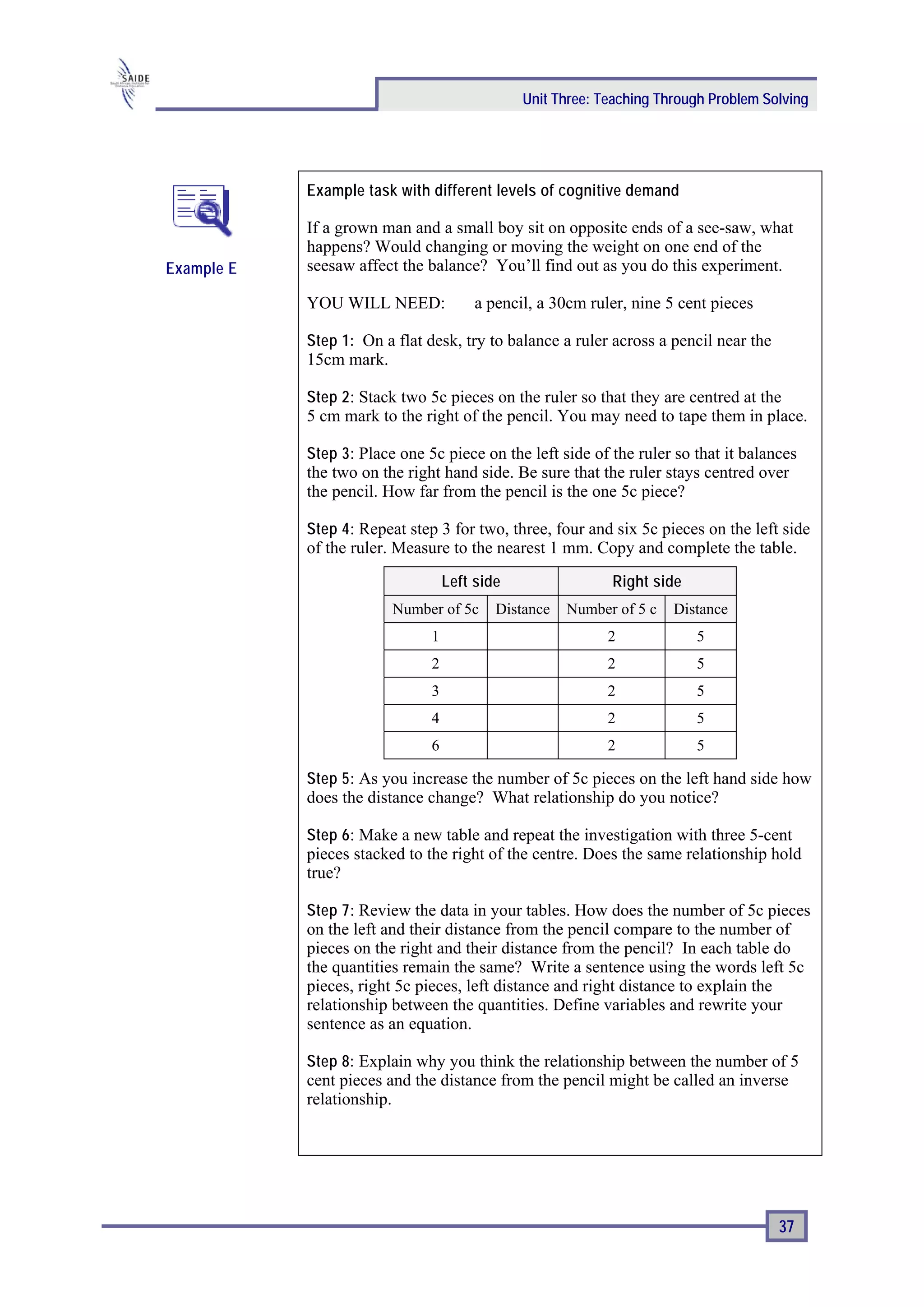 Unit Three: Teaching Through Problem Solving




            Example task with different levels of cognitive demand

            If a grown man and a small boy sit on opposite ends of a see-saw, what
            happens? Would changing or moving the weight on one end of the
Example E   seesaw affect the balance? You’ll find out as you do this experiment.

            YOU WILL NEED:              a pencil, a 30cm ruler, nine 5 cent pieces

            Step 1: On a flat desk, try to balance a ruler across a pencil near the
            15cm mark.

            Step 2 : Stack two 5c pieces on the ruler so that they are centred at the
            5 cm mark to the right of the pencil. You may need to tape them in place.

            Step 3 : Place one 5c piece on the left side of the ruler so that it balances
            the two on the right hand side. Be sure that the ruler stays centred over
            the pencil. How far from the pencil is the one 5c piece?

            Step 4 : Repeat step 3 for two, three, four and six 5c pieces on the left side
            of the ruler. Measure to the nearest 1 mm. Copy and complete the table.
                                   Left side                Right side
                         Number of 5c      Distance   Number of 5 c   Distance
                               1                            2            5
                               2                            2            5
                               3                            2            5
                               4                            2            5
                               6                            2            5

            Step 5 : As you increase the number of 5c pieces on the left hand side how
            does the distance change? What relationship do you notice?

            Step 6 : Make a new table and repeat the investigation with three 5-cent
            pieces stacked to the right of the centre. Does the same relationship hold
            true?

            Step 7 : Review the data in your tables. How does the number of 5c pieces
            on the left and their distance from the pencil compare to the number of
            pieces on the right and their distance from the pencil? In each table do
            the quantities remain the same? Write a sentence using the words left 5c
            pieces, right 5c pieces, left distance and right distance to explain the
            relationship between the quantities. Define variables and rewrite your
            sentence as an equation.

            Step 8: Explain why you think the relationship between the number of 5
            cent pieces and the distance from the pencil might be called an inverse
            relationship.




                                                                                      37
 