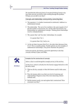 Unit Three: Teaching Through Problem Solving


             We identified the following kinds of conceptual thinking learners may
             have been actively involved in while working through this problem.
             Perhaps you can add to our ideas?

             Concepts and relationships constructed by connecting ideas

                The operation (+) is further constructed (or reinforced). Addition is a
                mathematical concept.

                The relationship: The sum of two numbers is the same (equals to 6) if
                the first number is increased by one, and the other decreased by one.
                Relationships are mathematical concepts. Thinking about relationships
                involves conceptualisation.

                The ‘greater than’ and ‘less than’ relationships, for example:

                     6 is greater than 5 by 1,

                     6 is greater than 4 by 2 and so on.

                As the one share increases from 0 to 6, the other share decreases from
                6 to 0. This is a number pattern. Number patterns are also examples of
                mathematical relationships. (The picture illustrates this pattern.)

             In the next activity, the learner is given the opportunity to develop
             concepts relating to Space and Shape.



             Examples for the construction of concepts

             Allow a class to work through the example activity in the next box.

             As they do so, observe critically how the learners engage themselves with
Activity 6   the task at hand:

                What are the key concepts or ideas that learners need to make sense
                of?

                Were the learners able to use their own level of reasoning and
                understanding? Diagnose some of the more interesting solution
                methods used.

                Did the learners justify, test and explain their constructions? How
                consistent were they?




                                                                                      21
 