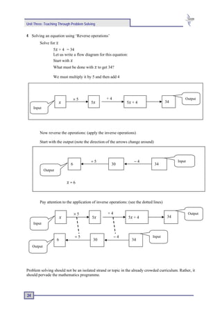 Unit Three: Teaching Through Problem Solving


4 Solving an equation using ‘Reverse operations’
         Solve for x
                   5x + 4 = 34
                   Let us write a flow diagram for this equation:
                   Start with x
                   What must be done with x to get 34?

                   We must multiply it by 5 and then add 4




                                    ×5             +4                                               Output
                       x                  5x                    5x + 4                    34
     Input




         Now reverse the operations: (apply the inverse operations)

         Start with the output (note the direction of the arrows change around)



                                          ÷5                           −4                       Input
                                6                     30                          34
              Output


                               x=6



         Pay attention to the application of inverse operations: (see the dotted lines)

                                    ×5              +4                                                  Output
                           x              5x                        5x + 4                 34
     Input


                                    ÷5                   −4                     Input
                       6                   30                        34
     Output




Problem solving should not be an isolated strand or topic in the already crowded curriculum. Rather, it
should pervade the mathematics programme.




24
 