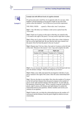 Unit Three: Teaching Through Problem Solving




            Example task with different levels of cognitive demand

            If a grown man and a small boy sit on opposite ends of a see-saw, what
            happens? Would changing or moving the weight on one end of the
Example E   seesaw affect the balance? You’ll find out as you do this experiment.

            YOU WILL NEED:              a pencil, a 30cm ruler, nine 5 cent pieces

            Step 1: On a flat desk, try to balance a ruler across a pencil near the
            15cm mark.

            Step 2 : Stack two 5c pieces on the ruler so that they are centred at the
            5 cm mark to the right of the pencil. You may need to tape them in place.

            Step 3 : Place one 5c piece on the left side of the ruler so that it balances
            the two on the right hand side. Be sure that the ruler stays centred over
            the pencil. How far from the pencil is the one 5c piece?

            Step 4 : Repeat step 3 for two, three, four and six 5c pieces on the left side
            of the ruler. Measure to the nearest 1 mm. Copy and complete the table.
                                   Left side                Right side
                         Number of 5c      Distance   Number of 5 c   Distance
                               1                            2            5
                               2                            2            5
                               3                            2            5
                               4                            2            5
                               6                            2            5

            Step 5 : As you increase the number of 5c pieces on the left hand side how
            does the distance change? What relationship do you notice?

            Step 6 : Make a new table and repeat the investigation with three 5-cent
            pieces stacked to the right of the centre. Does the same relationship hold
            true?

            Step 7 : Review the data in your tables. How does the number of 5c pieces
            on the left and their distance from the pencil compare to the number of
            pieces on the right and their distance from the pencil? In each table do
            the quantities remain the same? Write a sentence using the words left 5c
            pieces, right 5c pieces, left distance and right distance to explain the
            relationship between the quantities. Define variables and rewrite your
            sentence as an equation.

            Step 8: Explain why you think the relationship between the number of 5
            cent pieces and the distance from the pencil might be called an inverse
            relationship.




                                                                                      37
 