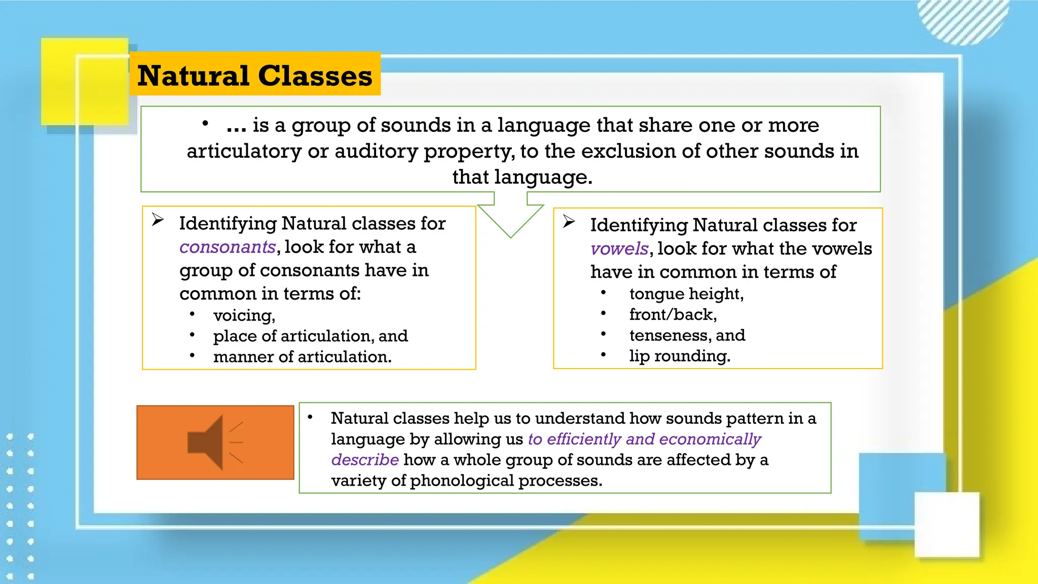 Natural Classes
• … is a group of sounds in a language that share one or more
articulatory or auditory property, to the exclusion of other sounds in
that language.
 Identifying Natural classes for
vowels, look for what the vowels
have in common in terms of
• tongue height,
• front/back,
• tenseness, and
• lip rounding.
 Identifying Natural classes for
consonants, look for what a
group of consonants have in
common in terms of:
• voicing,
• place of articulation, and
• manner of articulation.
• Natural classes help us to understand how sounds pattern in a
language by allowing us to efficiently and economically
describe how a whole group of sounds are affected by a
variety of phonological processes.
 