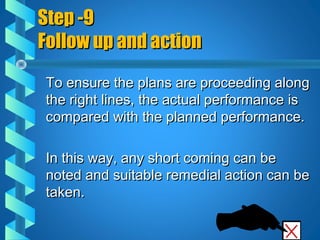 Step -9Step -9
Follow up and actionFollow up and action
To ensure the plans are proceeding alongTo ensure the plans are proceeding along
the right lines, the actual performance isthe right lines, the actual performance is
compared with the planned performance.compared with the planned performance.
In this way, any short coming can beIn this way, any short coming can be
noted and suitable remedial action can benoted and suitable remedial action can be
taken.taken.
 