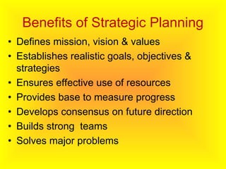 Benefits of Strategic Planning
• Defines mission, vision & values
• Establishes realistic goals, objectives &
strategies
• Ensures effective use of resources
• Provides base to measure progress
• Develops consensus on future direction
• Builds strong teams
• Solves major problems
 
