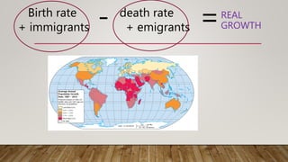 Birth rate death rate
+ immigrants + emigrants- =REAL
GROWTH
 