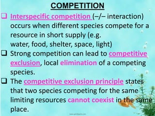 COMPETITION
 Interspecific competition (–/– interaction)
occurs when different species compete for a
resource in short supply (e.g.
water, food, shelter, space, light)
 Strong competition can lead to competitive
exclusion, local elimination of a competing
species.
 The competitive exclusion principle states
that two species competing for the same
limiting resources cannot coexist in the same
place.
 