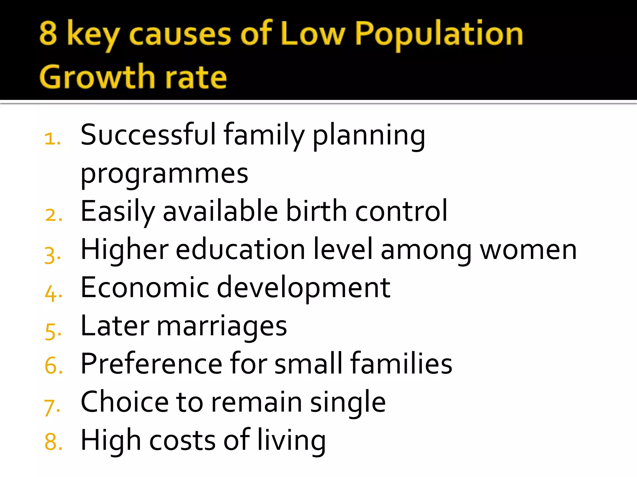 1. Successful family planning 
programmes 
2. Easily available birth control 
3. Higher education level among women 
4. Economic development 
5. Later marriages 
6. Preference for small families 
7. Choice to remain single 
8. High costs of living 
 