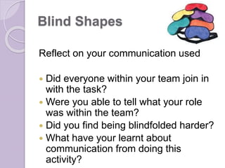 Blind Shapes 
Reflect on your communication used 
 Did everyone within your team join in 
with the task? 
 Were you able...
