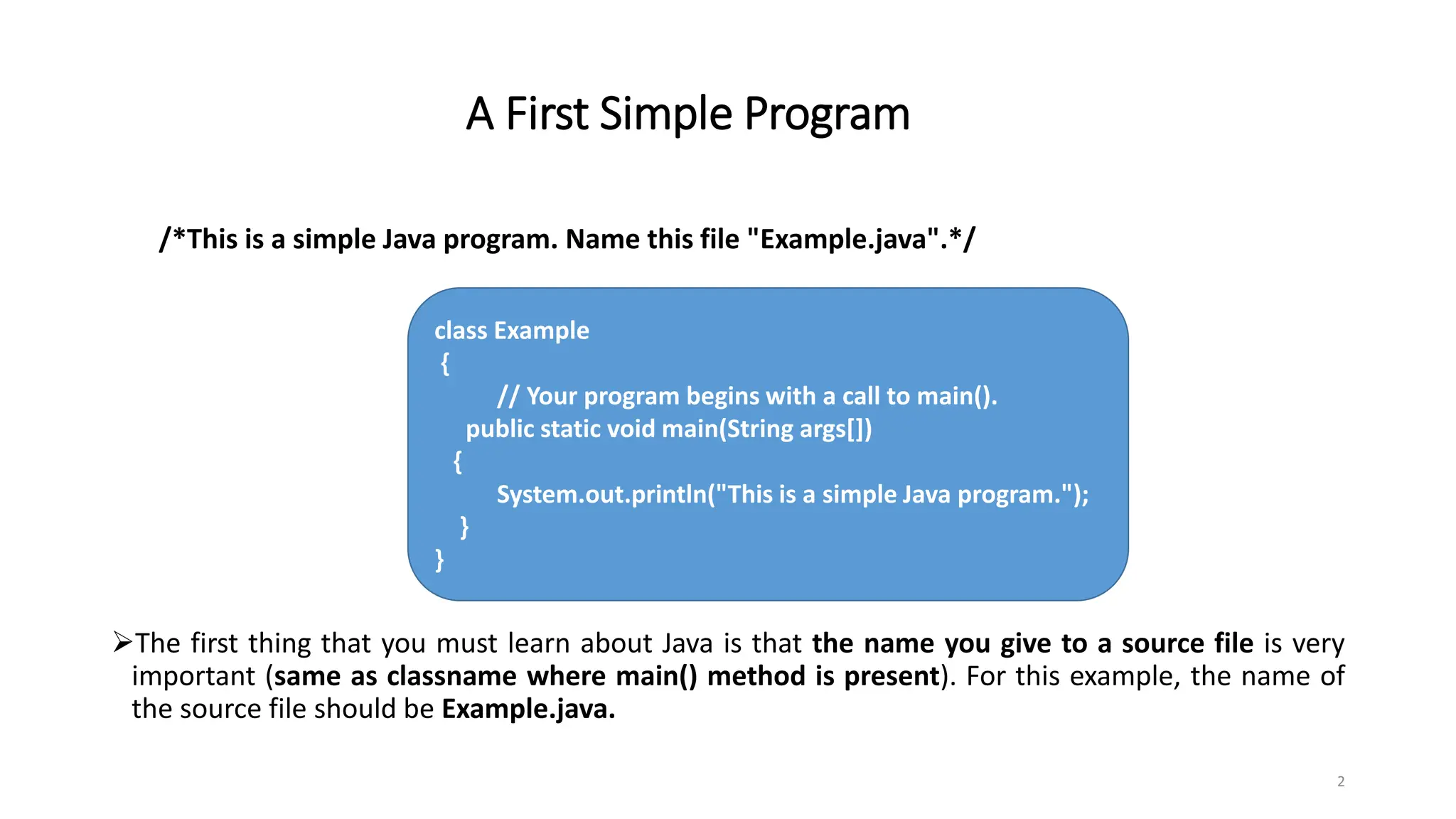 A First Simple Program
/*This is a simple Java program. Name this file "Example.java".*/
The first thing that you must learn about Java is that the name you give to a source file is very
important (same as classname where main() method is present). For this example, the name of
the source file should be Example.java.
2
class Example
{
// Your program begins with a call to main().
public static void main(String args[])
{
System.out.println("This is a simple Java program.");
}
}
 