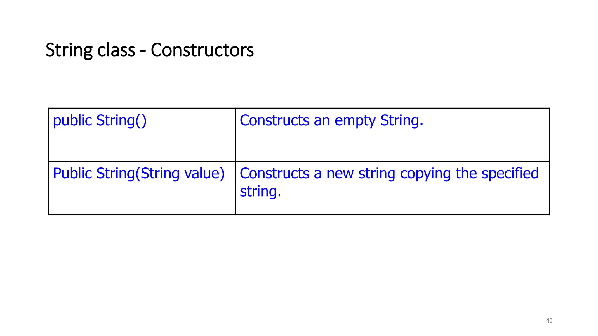 String class - Constructors
40
public String() Constructs an empty String.
Public String(String value) Constructs a new string copying the specified
string.
 