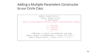 Adding a Multiple-Parameters Constructor
to our Circle Class
76
public class Circle {
public double x,y,r;
// Constructor
public Circle(double centreX, double centreY,double radius)
{
x = centreX;
y = centreY;
r = radius;
}
//Methods to return circumference and area
public double circumference() { return 2*3.14*r; }
public double area() { return 3.14 * r * r; }
}
 
