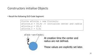 Constructors initialise Objects
• Recall the following OLD Code Segment:
77
Circle aCircle = new Circle();
aCircle.x = 10.0; // initialize center and radius
aCircle.y = 20.0
aCircle.r = 5.0;
aCircle = new Circle() ;
At creation time the center and
radius are not defined.
These values are explicitly set later.
 