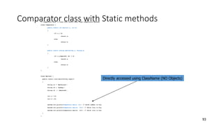 Comparator class with Static methods
// Comparator.java: A class with static data items comparision methods
class Comparator {
public static int max(int a, int b)
{
if( a > b)
return a;
else
return b;
}
public static String max(String a, String b)
{
if( a.compareTo (b) > 0)
return a;
else
return b;
}
}
class MyClass {
public static void main(String args[])
{
String s1 = "Melbourne";
String s2 = "Sydney";
String s3 = "Adelaide";
int a = 10;
int b = 20;
System.out.println(Comparator.max(a, b)); // which number is big
System.out.println(Comparator.max(s1, s2)); // which city is big
System.out.println(Comparator.max(s1, s3)); // which city is big
}
}
93
Directly accessed using ClassName (NO Objects)
 
