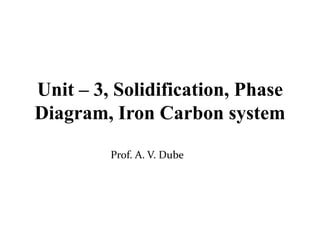 Unit – 3, Solidification, Phase
Diagram, Iron Carbon system
Prof. A. V. Dube
 