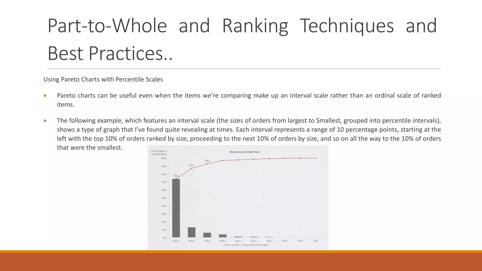 Part-to-Whole and Ranking Techniques and
Best Practices..
Using Pareto Charts with Percentile Scales
 Pareto charts can be useful even when the items we're comparing make up an interval scale rather than an ordinal scale of ranked
items.
 The following example, which features an interval scale (the sizes of orders from largest to Smallest, grouped into percentile intervals),
shows a type of graph that I’ve found quite revealing at times. Each interval represents a range of 10 percentage points, starting at the
left with the top 10% of orders ranked by size, proceeding to the next 10% of orders by size, and so on all the way to the 10% of orders
that were the smallest.
 