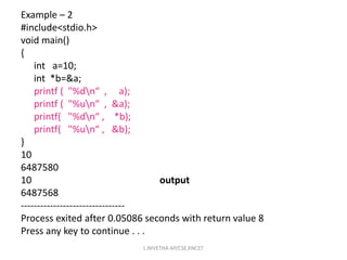 Example – 2
#include<stdio.h>
void main()
{
int a=10;
int *b=&a;
printf ( "%dn“ , a);
printf ( "%un“ , &a);
printf( "%dn“ , *b);
printf( "%un“ , &b);
}
10
6487580
10 output
6487568
--------------------------------
Process exited after 0.05086 seconds with return value 8
Press any key to continue . . .
L.NIVETHA AP/CSE,KNCET
 