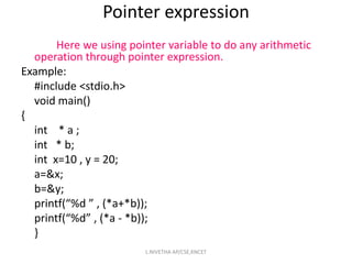 Here we using pointer variable to do any arithmetic
operation through pointer expression.
Example:
#include <stdio.h>
void main()
{
int * a ;
int * b;
int x=10 , y = 20;
a=&x;
b=&y;
printf(“%d ” , (*a+*b));
printf(“%d” , (*a - *b));
}
Pointer expression
L.NIVETHA AP/CSE,KNCET
 