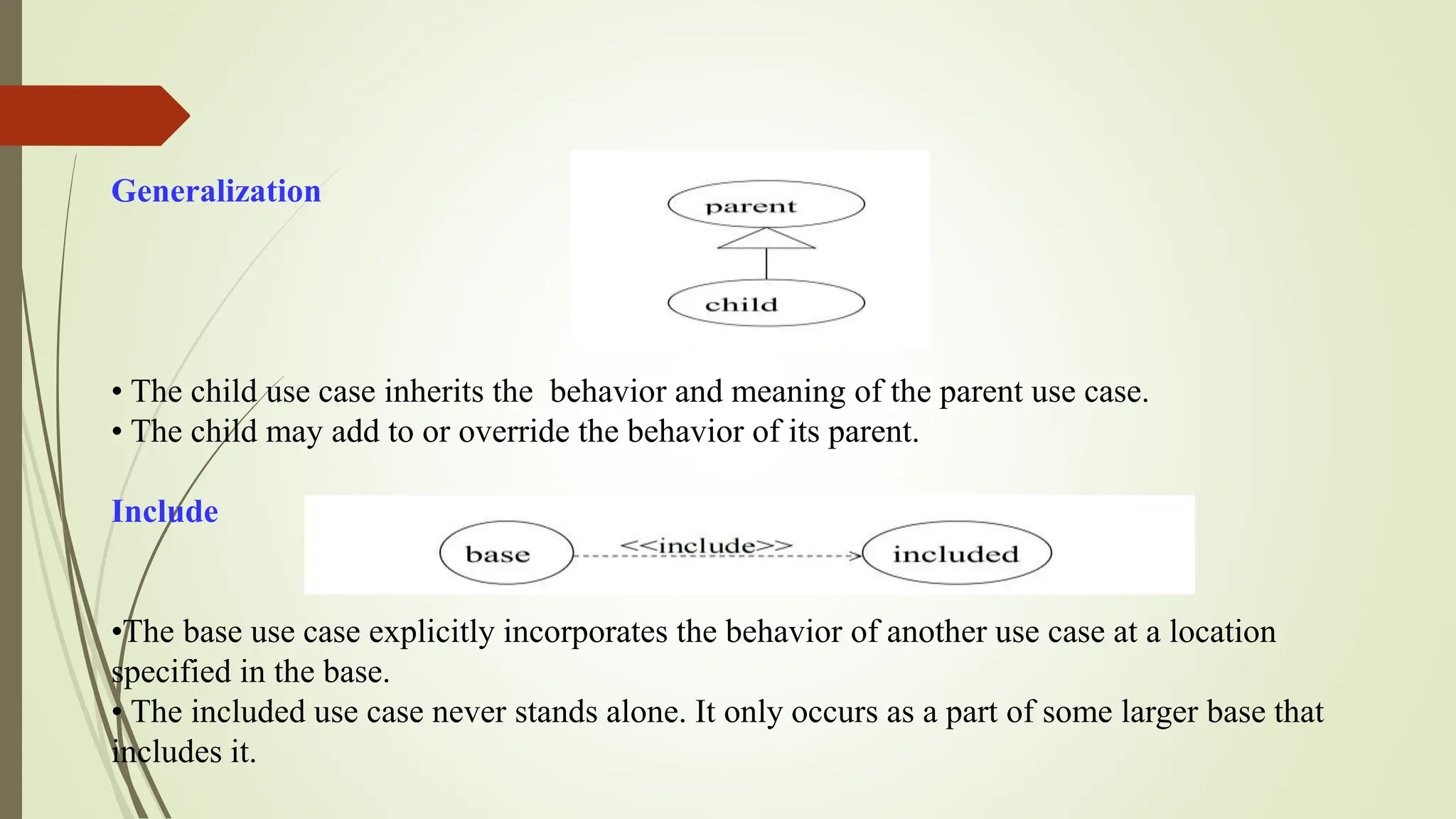Generalization
• The child use case inherits the behavior and meaning of the parent use case.
• The child may add to or override the behavior of its parent.
Include
•The base use case explicitly incorporates the behavior of another use case at a location
specified in the base.
• The included use case never stands alone. It only occurs as a part of some larger base that
includes it.
 