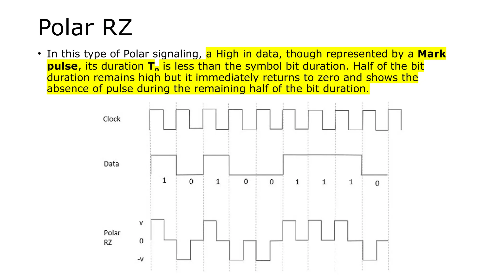 Polar RZ
• In this type of Polar signaling, a High in data, though represented by a Mark
pulse, its duration T0 is less than the symbol bit duration. Half of the bit
duration remains high but it immediately returns to zero and shows the
absence of pulse during the remaining half of the bit duration.
 