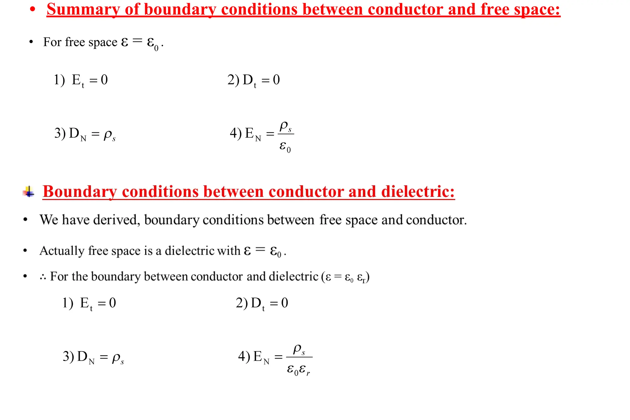 • Summary of boundary conditions between conductor and free space:
• For free space ε = ε0
.
 