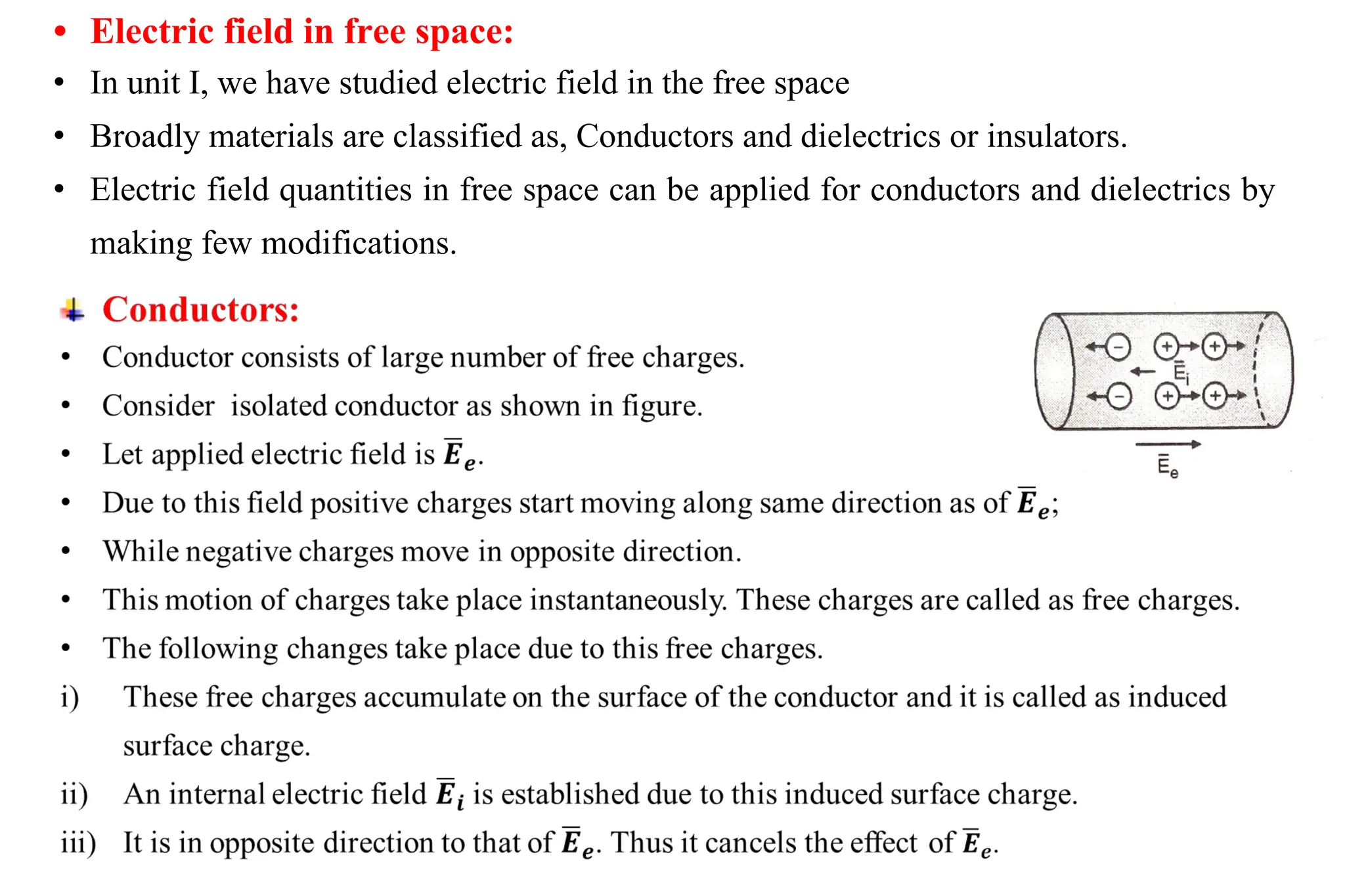 • Electric field in free space:
• In unit I, we have studied electric field in the free space
• Broadly materials are classified as, Conductors and dielectrics or insulators.
• Electric field quantities in free space can be applied for conductors and dielectrics by
making few modifications.
 