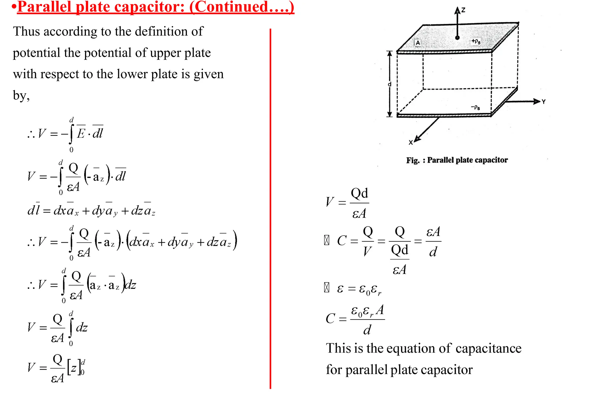 •Parallel plate capacitor: (Continued….)
Thus according to the definition of
potential the potential of upper plate
with respect to the lower plate is given
by,
 