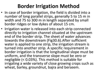 Border Irrigation Method
• In case of border irrigation, the field is divided into a
number of long parallel strips, generally 5 to 15 m in
width and 75 to 300 m in length separated by small
border ridges or low dykes of about 15 cm.
• Irrigation water is released into each strip connected
directly to irrigation channel situated at the upstream
end of the border strip. The sheet of water advances
towards the downstream (Fig30.6).After sufficient
water is applied to one strip, the irrigation stream is
turned into another strip. A specific requirement in
border irrigation is that the longitudinal slope must be
uniform, and the transverse slope must be zero or
negligible (< 0.03%). This method is suitable for
irrigating a wide variety of close growing crops such as
wheat, barley, groundnut, bajra and berseem.
 