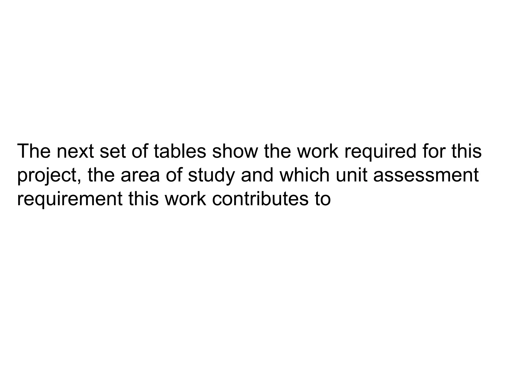 The next set of tables show the work required for this project, the area of study and which unit assessment requirement this work contributes to  