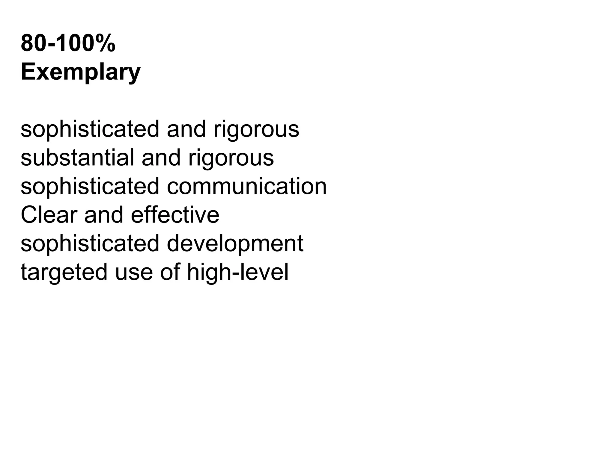 80-100%  Exemplary sophisticated and rigorous  substantial and rigorous  sophisticated communication  Clear and effective  sophisticated development  targeted use of high-level  