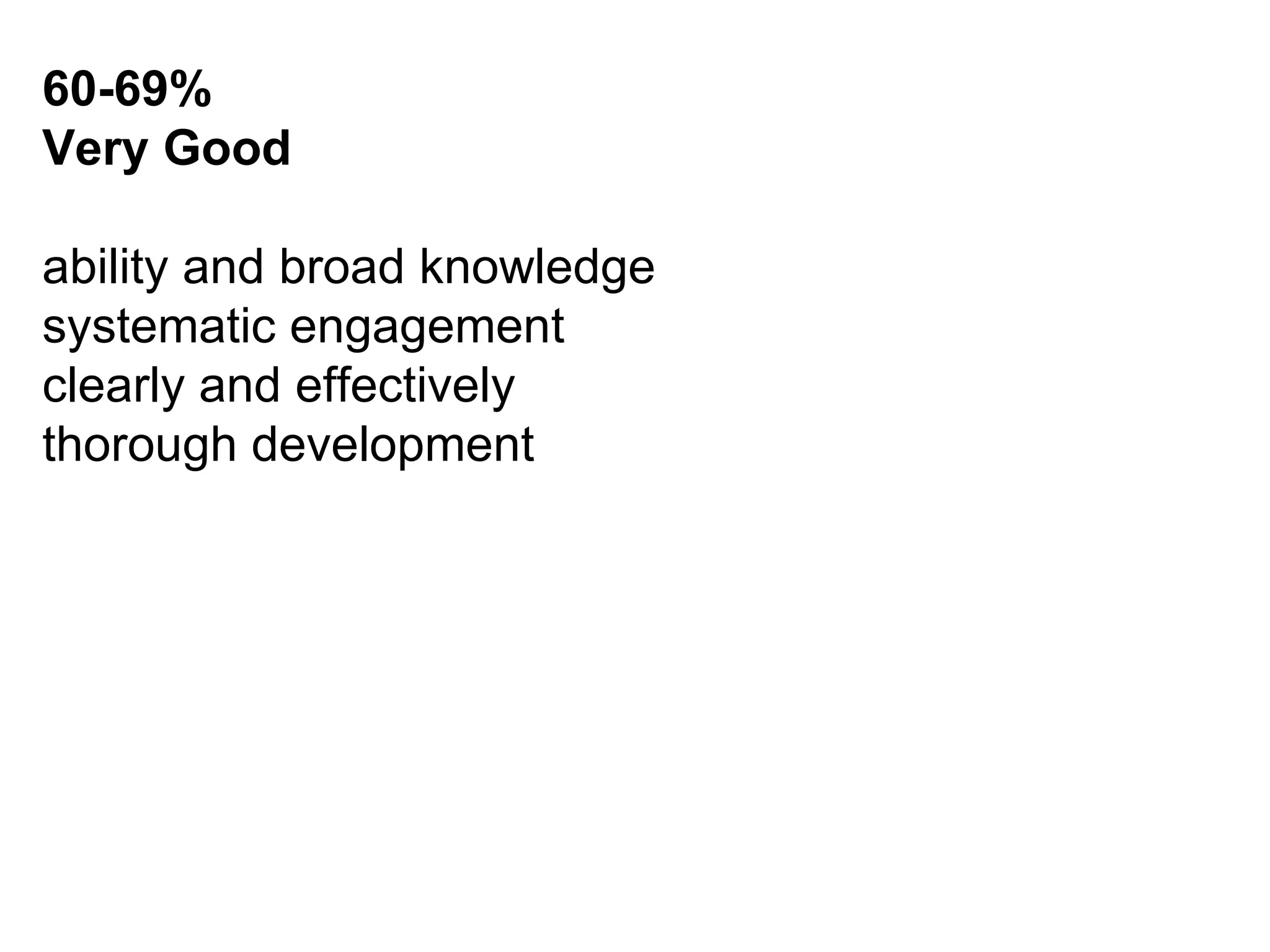 60-69%  Very Good ability and broad knowledge  systematic engagement  clearly and effectively  thorough development  