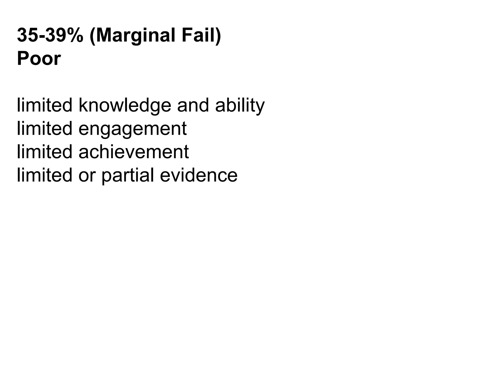 35-39% (Marginal Fail)  Poor limited knowledge and ability  limited engagement  limited achievement  limited or partial evidence  
