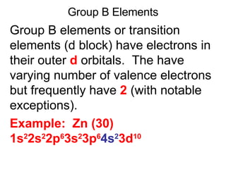 Group B Elements Group B elements or transition elements (d block) have electrons in their outer  d  orbitals.  The have varying number of valence electrons but frequently have  2  (with notable exceptions). Example:  Zn (30) 1s 2 2s 2 2p 6 3s 2 3p 6 4s 2 3d 10 