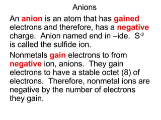 Anions An  anion  is an atom that has  gained  electrons and therefore, has a  negative  charge.  Anion named end in –ide.  S -2  is called the sulfide ion.  Nonmetals  gain  electrons to from  negative  ion, anions.  They gain electrons to have a stable octet (8) of electrons.  Therefore, nonmetal ions are negative by the number of electrons they gain. 