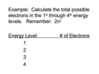 Example:  Calculate the total possible electrons in the 1 st  through 4 th  energy levels.  Remember:  2n 2 Energy Level  # of Electrons 1 2 3 4 