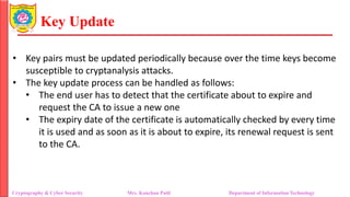 Key Update
• Key pairs must be updated periodically because over the time keys become
susceptible to cryptanalysis attacks.
• The key update process can be handled as follows:
• The end user has to detect that the certificate about to expire and
request the CA to issue a new one
• The expiry date of the certificate is automatically checked by every time
it is used and as soon as it is about to expire, its renewal request is sent
to the CA.
Cryptography & Cyber Security Mrs. Kanchan Patil Department of Information Technology
 