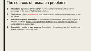 The sources of research problems
1. Interest and experience of researcher: The researcher intends to further his/her
knowledge in the aspect that interests him/her.
2. Existing theory: When doubts arise over existing theory and the researcher wants to test
the theory.
3. Replication of previous research: To conduct the same research on different subjects in
different locations (based on the prediction that there may be different results if the
same research is carried out).
4. Contradictory results of past research: Contradictory (inconsistent/varying) results from
several studies on a specific topic.
 