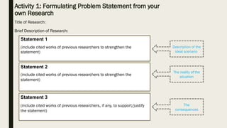 Activity 1: Formulating Problem Statement from your
own Research
Statement 1
(include cited works of previous researchers to strengthen the
statement)
Statement 2
(include cited works of previous researchers to strengthen the
statement)
Statement 3
(include cited works of previous researchers, if any, to support/justify
the statement)
Description of the
ideal scenario
The reality of the
situation
The
consequences
Title of Research:
Brief Description of Research:
 