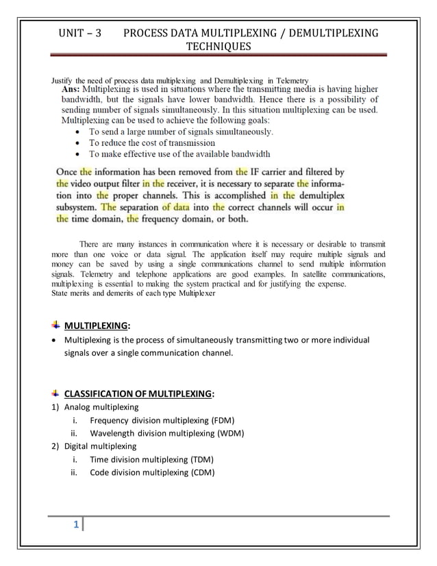 Unit – 3 process data multiplexing demultiplexing techniques | PDF