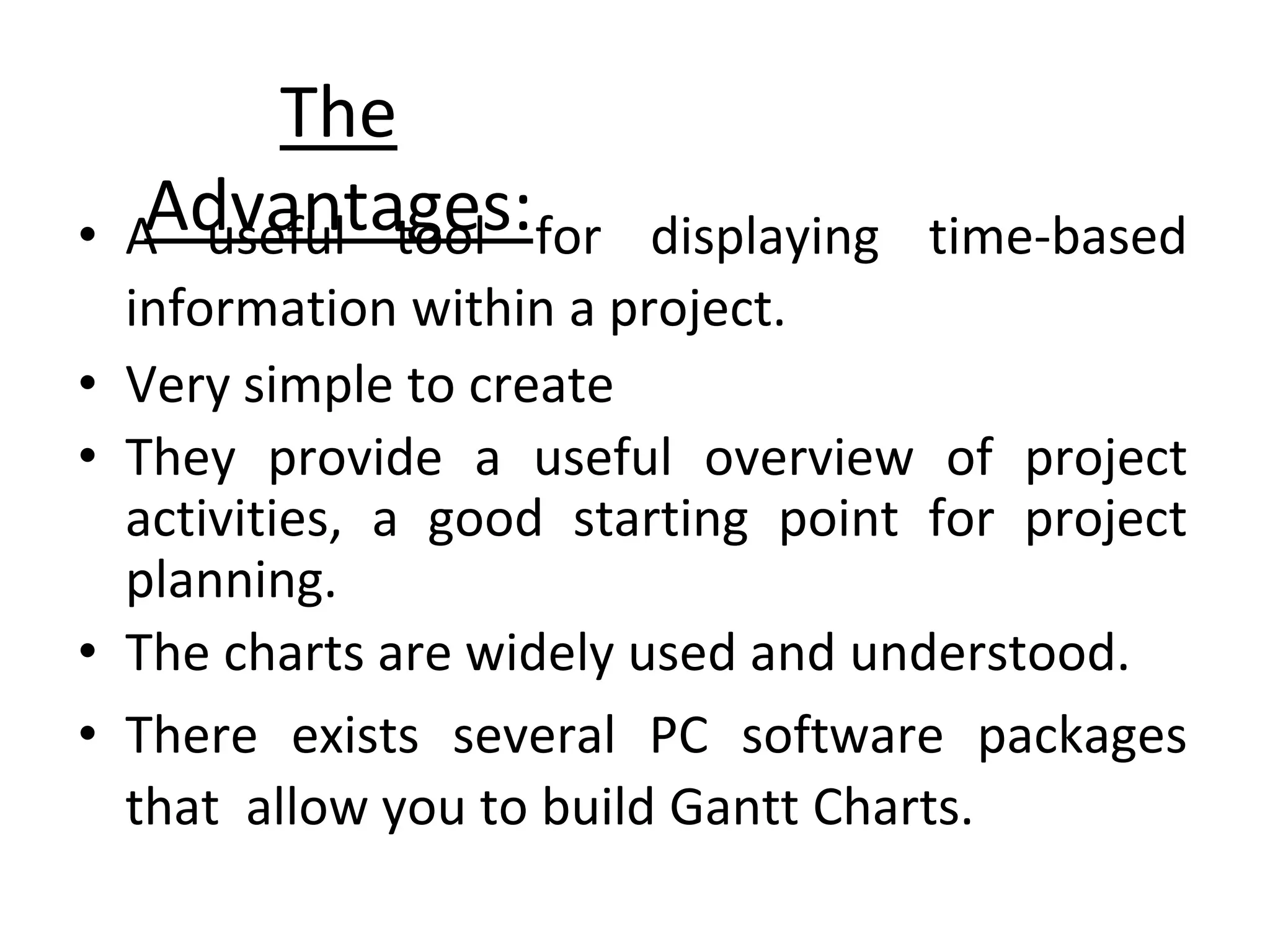The
Advantages:
• A useful tool for displaying time-based
information within a project.
• Very simple to create
• They provide a useful overview of project
activities, a good starting point for project
planning.
• The charts are widely used and understood.
• There exists several PC software packages
that allow you to build Gantt Charts.
 