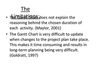 The
Limitations:
• The Gantt Chart does not explain the
reasoning behind the chosen duration of
each activity. (Maylor, 2001)
• The Gantt Chart is very difficult to update
when changes to the project plan take place.
This makes it time consuming and results in
long-term planning being very difficult.
(Goldratt, 1997)
 