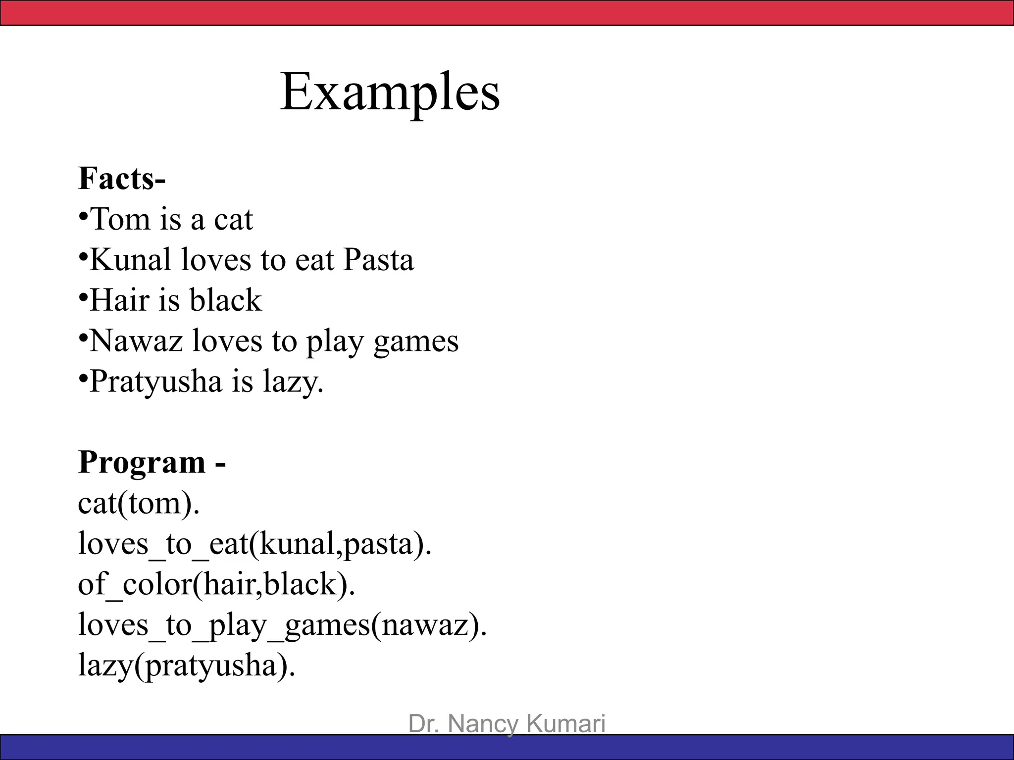 Examples
Dr. Nancy Kumari
Facts-
•Tom is a cat
•Kunal loves to eat Pasta
•Hair is black
•Nawaz loves to play games
•Pratyusha is lazy.
Program -
cat(tom).
loves_to_eat(kunal,pasta).
of_color(hair,black).
loves_to_play_games(nawaz).
lazy(pratyusha).
 