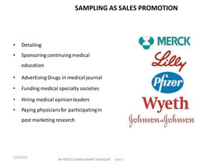 • Detailing
• Sponsoring continuing medical
education
• Advertising Drugs in medical journal
• Funding medical specialty societies
• Hiring medical opinionleaders
• Paying physiciansfor participatingin
post marketing research
SAMPLING AS SALES PROMOTION
BP-803ET,PHARM MARKT MANGMT Unit 3
5/5/2023
 