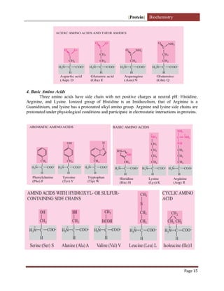 [Protein] Biochemistry
Page 15
4. Basic Amino Acids
Three amino acids have side chain with net positive charges at neutral pH: Histidine,
Arginine, and Lysine. Ionized group of Histidine is an Imidazolium, that of Arginine is a
Guanidinium, and lysine has a protonated alkyl amino group. Arginine and lysine side chains are
protonated under physiological conditions and participate in electrostatic interactions in proteins.
 