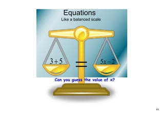 Equations
   Like a balanced scale




Can you guess the value of x?




                                11
 
