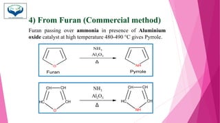 4) From Furan (Commercial method)
Furan passing over ammonia in presence of Aluminium
oxide catalyst at high temperature 480-490 °C gives Pyrrole.
O
C
H
CH
CH
CH NH3
Al2O3
Δ
NH
C
H
CH
CH
CH
O
NH3
Al2O3
Δ
NH
Furan Pyrrole
 