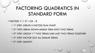 FACTORING QUADRATICS IN
STANDARD FORM
• FACTOR: Y = X² +2X - 8
• 1ST
STEP: CREATE A FACTOR/SUM CHART
• 2ND
STEP: BREAK DOWN MIDDLE TERM INTO TWO TERMS
• 3RD
STEP: GROUP 1ST
TWO TERMS AND LAST TWO TERMS TOGETHER
• 4TH
STEP: FACTOR OUT ALL SIMILAR TERMS
• 5TH
STEP: SIMPLIFY
 