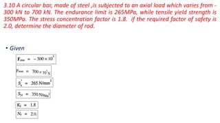 3.10 A circular bar, made of steel ,is subjected to an axial load which varies from -
300 kN to 700 kN. The endurance limit is 265MPa, while tensile yield strength is
350MPa. The stress concentration factor is 1.8. if the required factor of safety is
2.0, determine the diameter of rod.
• Given
 
