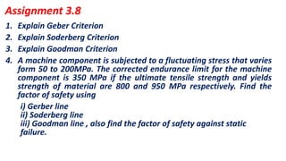 1. Explain Geber Criterion
2. Explain Soderberg Criterion
3. Explain Goodman Criterion
4. A machine component is subjected to a fluctuating stress that varies
form 50 to 200MPa. The corrected endurance limit for the machine
component is 350 MPa if the ultimate tensile strength and yields
strength of material are 800 and 950 MPa respectively. Find the
factor of safety using
i) Gerber line
ii) Soderberg line
iii) Goodman line , also find the factor of safety against static
failure.
Assignment 3.8
 