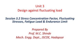 Unit 3
Design against fluctuating load
Session 3.2 Stress Concentration Factor, Fluctuating
Stresses, Fatigue Load & Endurance Limit
Prepared By
Prof. M.C. Shinde
Mech. Engg. Dept., JSCOE, Hadapsar
 